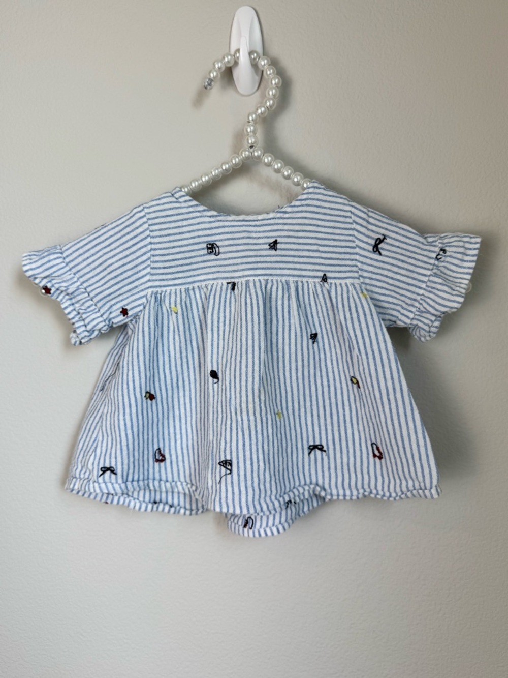 Zara Blue & White Striped Baby top with Embroidered Accents